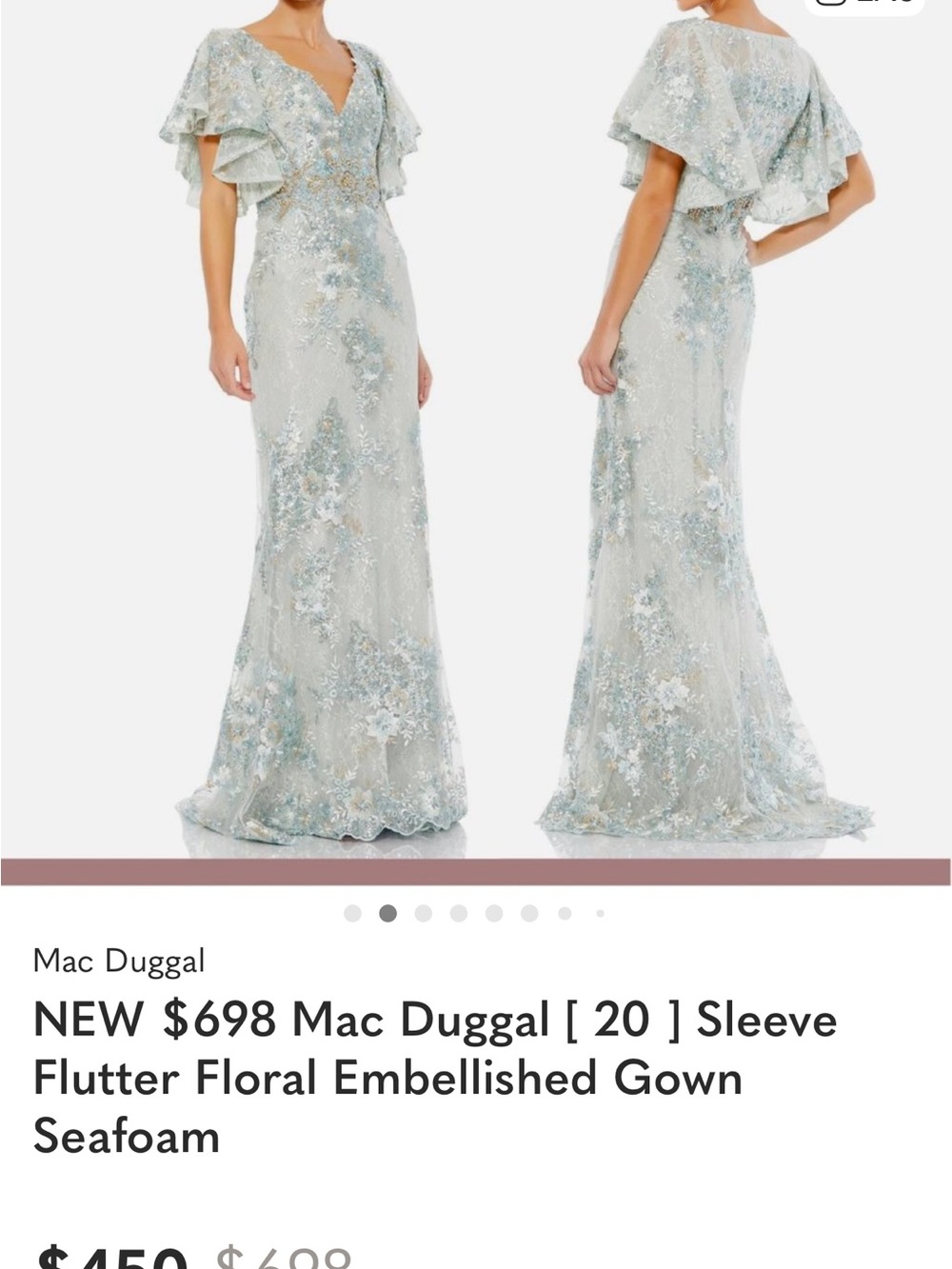 Mac Duggal Seafoam Floral Embellished Flutter-Sleeve Gown - Picture 2 of 13